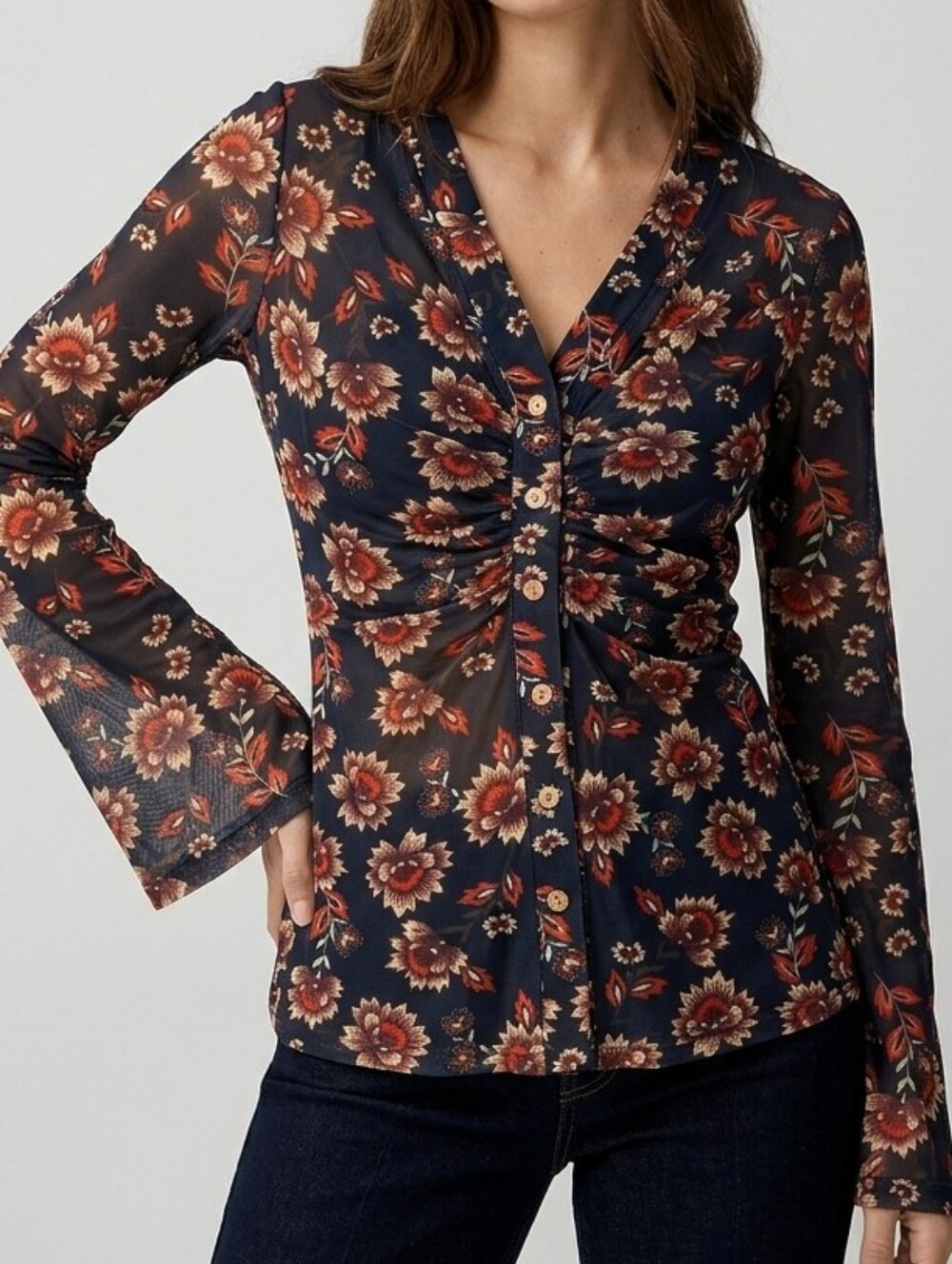 NWT Boho Floral Black Mesh Ruched Button-Front Flare Sleeve Sheer Top, Small